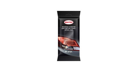 Салфетки влажные для очистки стекол, зеркал, фар SINTEC, 30 шт.