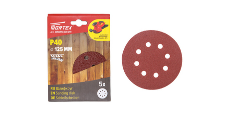 Шлифлист 125мм круг Р40 д/дерева самосцепл. 8 отв. 5 шт. WORTEX