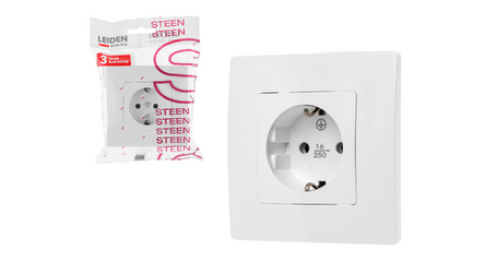 Розетка 1-ая (скрытая, с/з) белая, Steen, LEIDEN ELECTRIC
