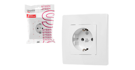 Розетка 1-ая (скрытая, с/з) белая, Steen, LEIDEN ELECTRIC