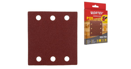Шлифлист 100х110мм Р120 д/дерева самосцепл. 6 отв. 5шт WORTEX