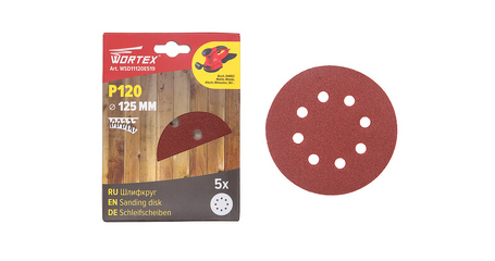 Шлифлист 125мм круг Р120 д/дерева самосцепл. 8 отв. 5 шт. WORTEX