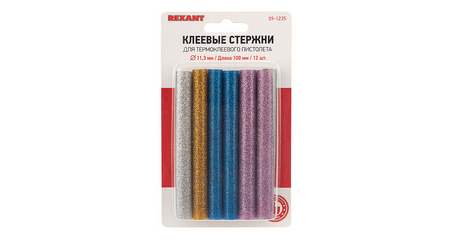 Клеевые стержни d=11,3 мм, L=100 мм, цветные с блестками (упак. 12 шт.) (блистер) REXANT