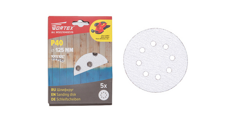 Шлифлист 125мм круг Р40 д/краски самосцепл. 8 отв. 5 шт. WORTEX