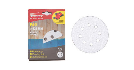 Шлифлист 125мм круг Р40 д/краски самосцепл. 8 отв. 5 шт. WORTEX