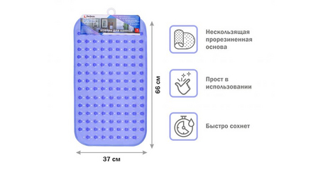 Коврик для ванной, прямоугольный с пузырьками, 66х37 см, синий, PERFECTO LINEA