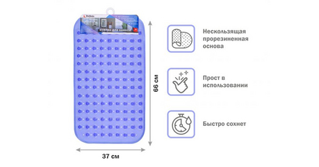 Коврик для ванной, прямоугольный с пузырьками, 66х37 см, синий, PERFECTO LINEA