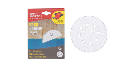 Шлифлист 125мм круг Р180 д/краски самосцепл. 8 отв. 5 шт. WORTEX