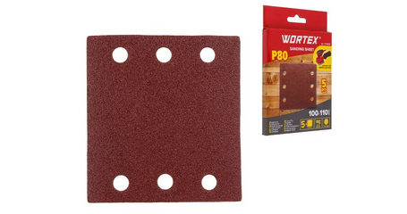 Шлифлист 100х110мм Р80 д/дерева самосцепл. 6 отв. 5шт WORTEX