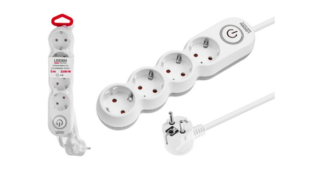 Удлинитель 5м (4 роз., 2,2кВт, с/з, выкл, ПВС 3х0,75) LEIDEN ELECTRIC
