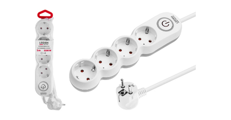 Удлинитель 5м (4 роз., 2,2кВт, с/з, выкл, ПВС 3х0,75) LEIDEN ELECTRIC