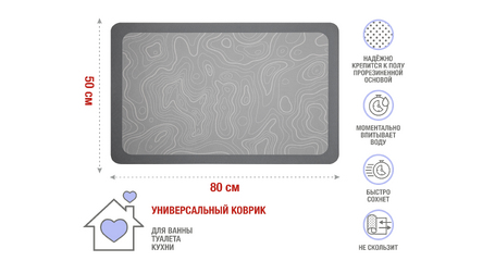 Коврик влаговпитывающий, 50х80 см, серия DIATOMITE, grey abstract, PERFECTO LINEA