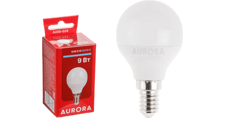 Лампа светодиодная G45 ШАР 9Вт 230В E14 6000K AURORA