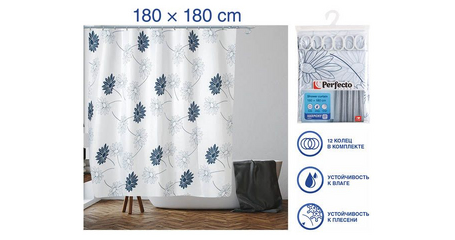 Шторка для ванной (12 колец в комплекте), 180x180 см, Harmony, цветы, PERFECTO LINEA