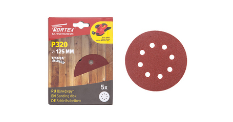 Шлифлист 125мм круг Р320 д/дерева самосцепл. 8 отв. 5 шт. WORTEX