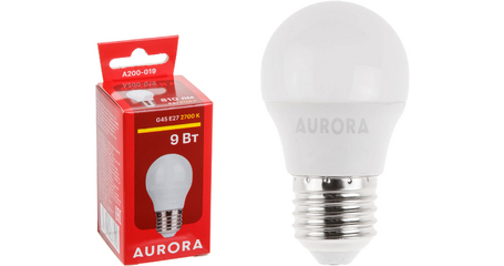 Лампа светодиодная G45 ШАР 9Вт 230В E27 2700K AURORA