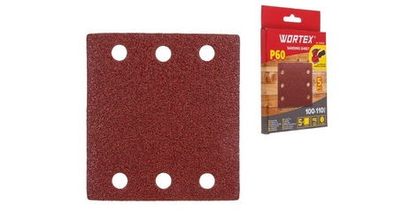 Шлифлист 100х110мм Р60 д/дерева самосцепл. 6 отв. 5 шт. WORTEX