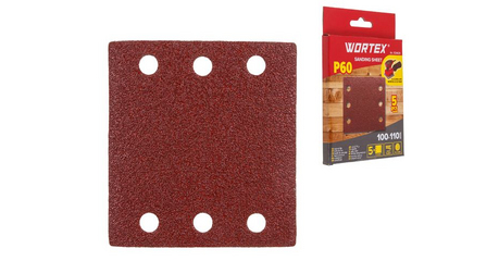 Шлифлист 100х110мм Р60 д/дерева самосцепл. 6 отв. 5 шт. WORTEX
