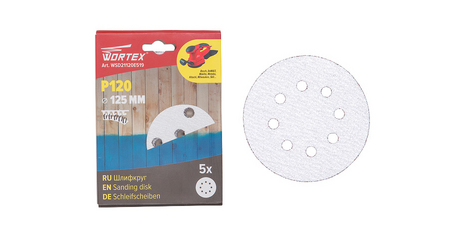 Шлифлист 125мм круг Р120 д/краски самосцепл. 8 отв. 5 шт. WORTEX