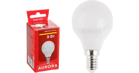 Лампа светодиодная G45 ШАР 9Вт 230В E14 2700K AURORA