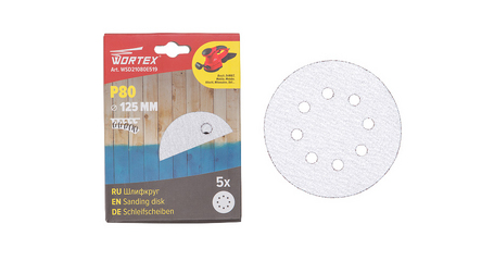 Шлифлист 125мм круг Р80 д/краски самосцепл. 8 отв. 5 шт. WORTEX