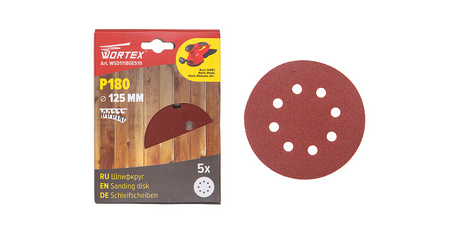 Шлифлист 125мм круг Р180 д/дерева самосцепл. 8 отв. 5 шт. WORTEX