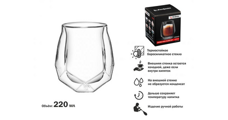 Бокал стеклянный с двойными стенками, 220 мл, серия Levante, PERFECTO LINEA