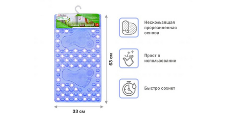 Коврик для ванной, прямоугольный, 63х33 см, синий, PERFECTO LINEA