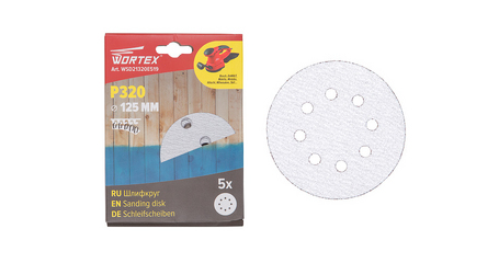 Шлифлист 125мм круг Р320 д/краски самосцепл. 8 отв. 5 шт. WORTEX