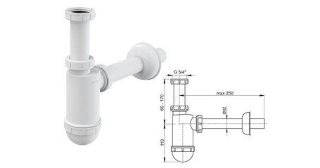 Сифон для умывальника O32 c накидной гайкой 5/4, Alcaplast
