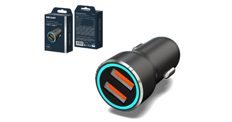 Устройство зарядное автомобильное c двумя портами (USB-A + USB-A) c LED-подсветкой, 12Вт