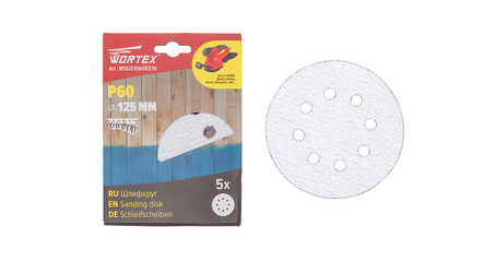 Шлифлист 125мм круг Р60 д/краски самосцепл. 8 отв. 5 шт. WORTEX
