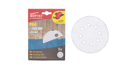 Шлифлист 125мм круг Р60 д/краски самосцепл. 8 отв. 5 шт. WORTEX