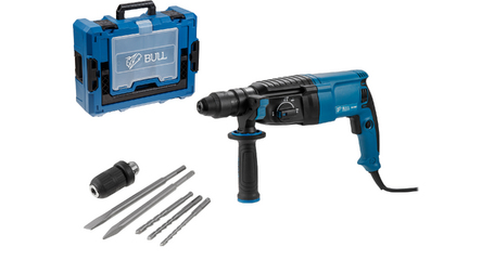 Перфоратор BULL BH 2602 в чем. Xcase 800 Вт, 3.0 Дж, 4 реж. + 2 зубила, 3 сверла, БЗП в комплекте